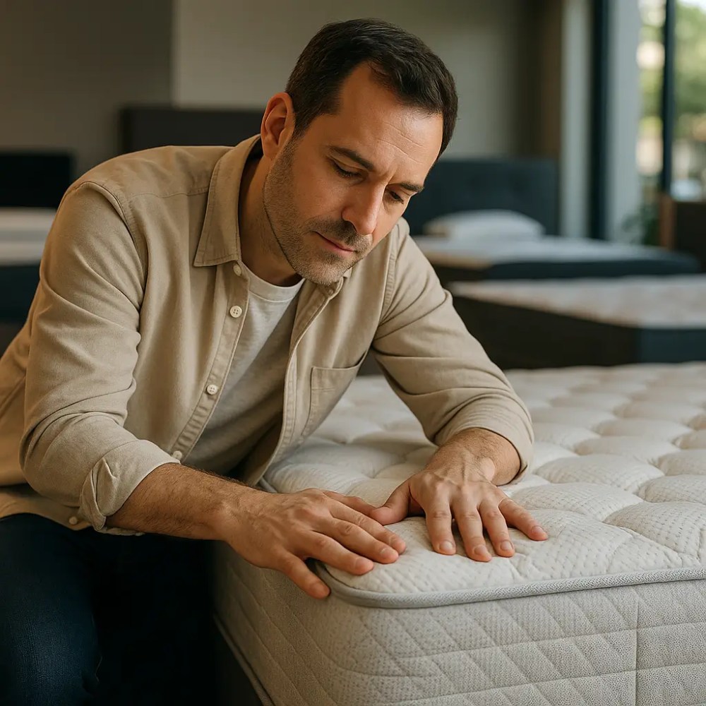 Homem examinando a firmeza e a qualidade de um colchão em uma loja, refletindo sobre como saber se o colchão é bom.