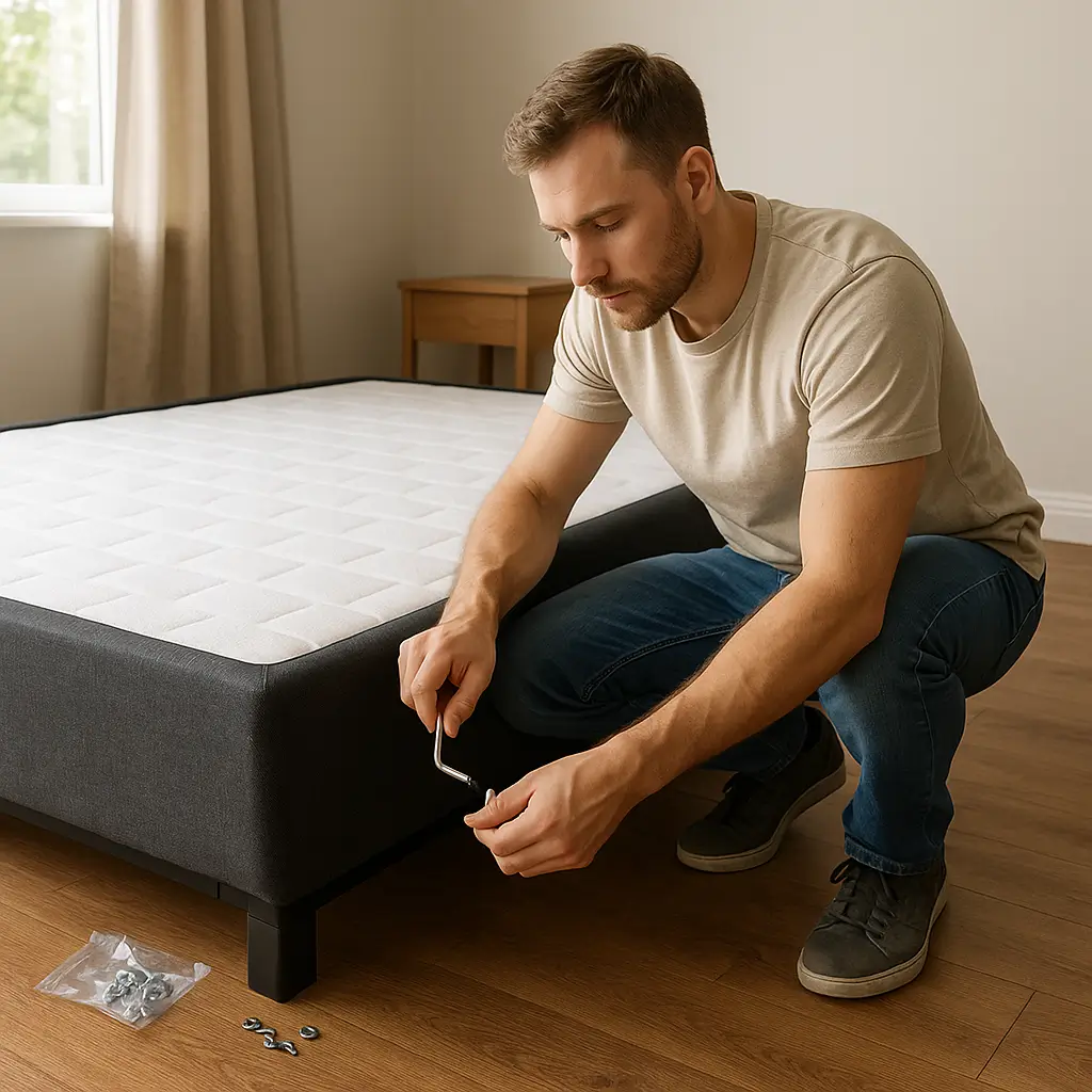 Pessoa ajoelhada no chão usando uma chave Allen para montar uma cama box, com parafusos e arruelas ao lado.