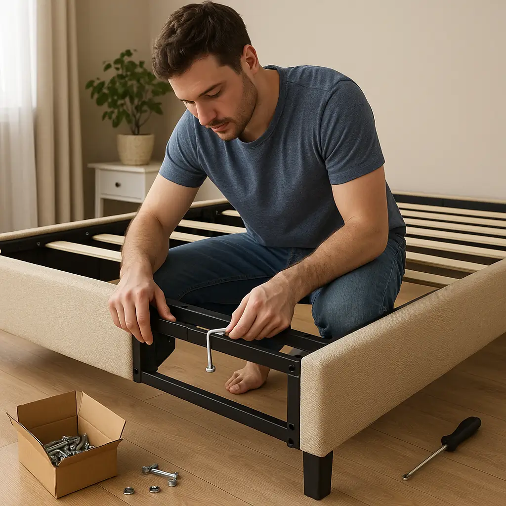 Homem montando uma cama box usando uma chave Allen, peças e ferramentas ao redor.