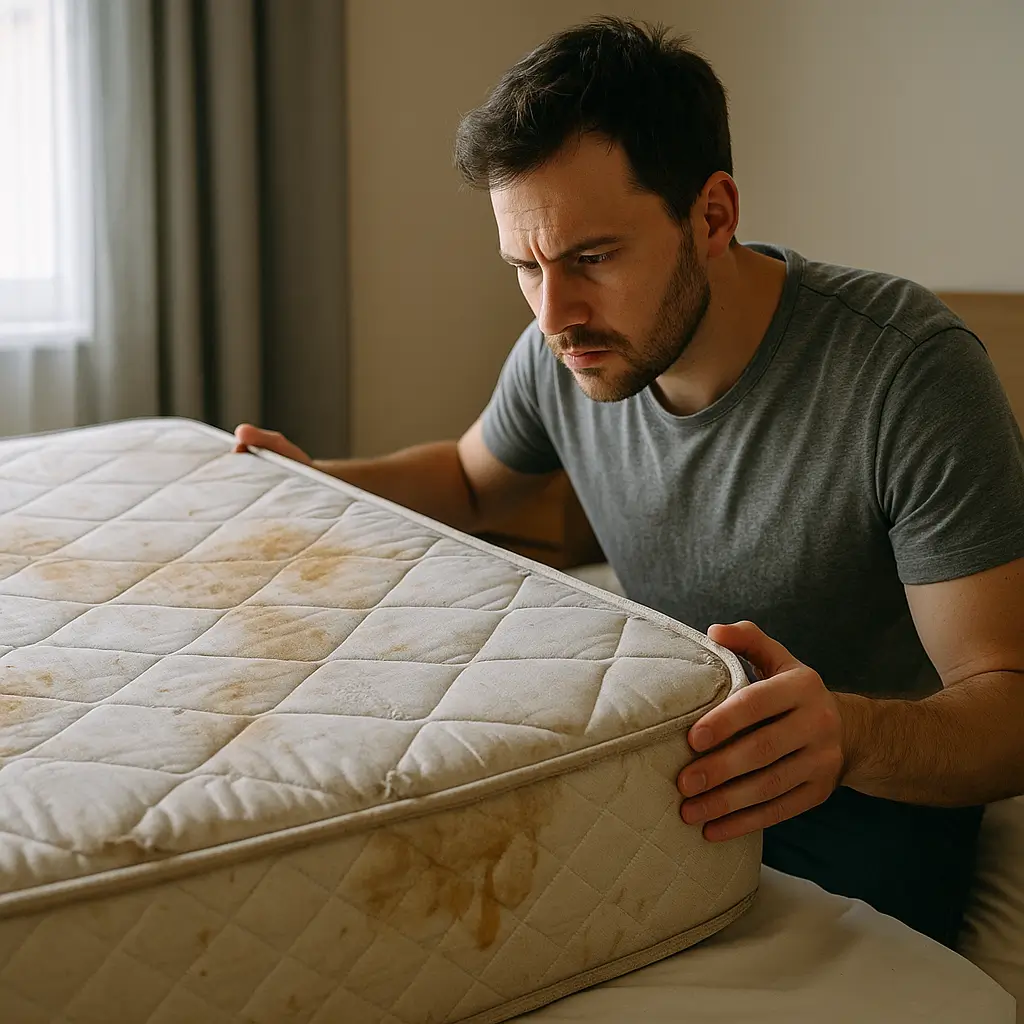 Homem observando um colchão vencido com manchas visíveis.