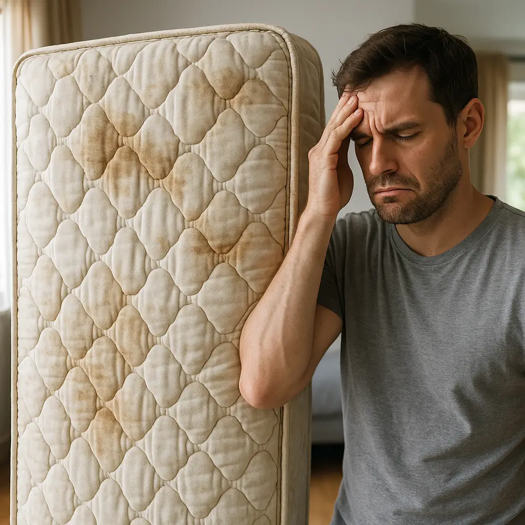 Homem preocupado ao lado de colchão vencido e manchado.