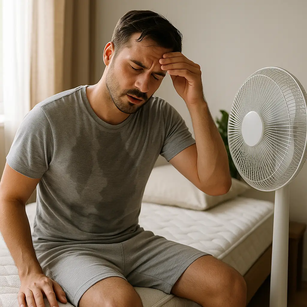 Homem sentado em um colchão para quem sente calor, suando e com ventilador ao lado.