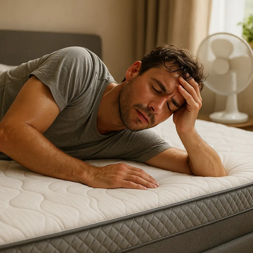 Homem suado deitado em um colchão para quem sente calor, com ventilador ao fundo.