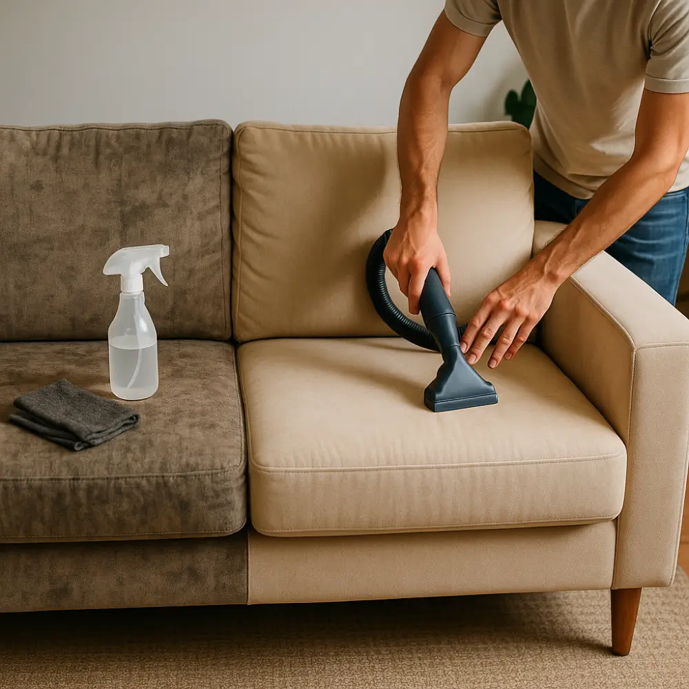 Limpeza de sofá com aspirador portátil, borrifador de limpeza e pano, ilustrando como deixar sofá velho com cara de novo gastando pouco.