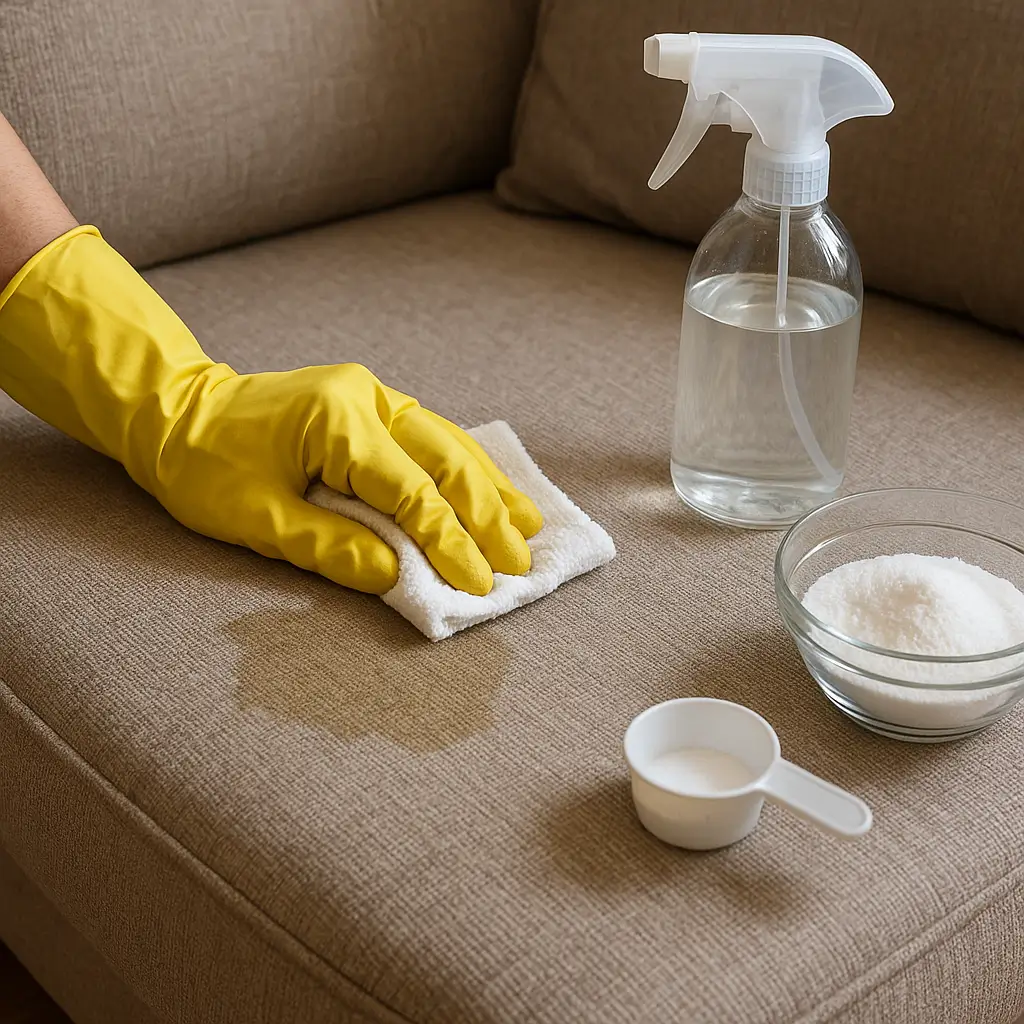 Limpando o cheiro de urina no sofá com luva amarela, paninho, spray e tigela de bicarbonato de sódio.
