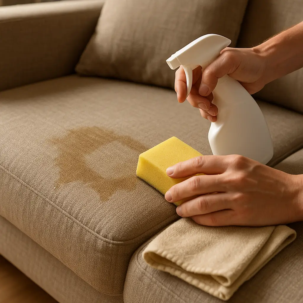 Mãos limpando mancha no sofá com esponja e borrifador para remover cheiro de urina no sofá.