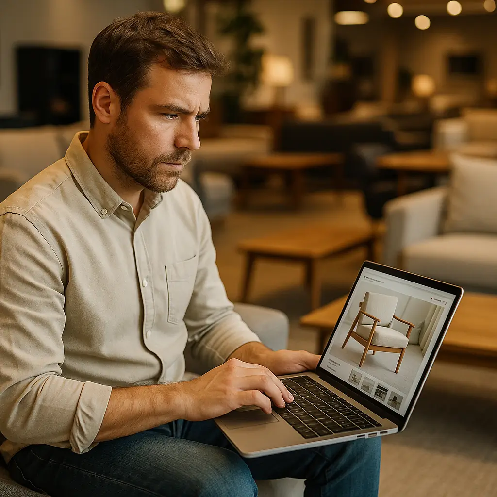 Homem usando laptop em loja de móveis confiável, explorando cadeiras.