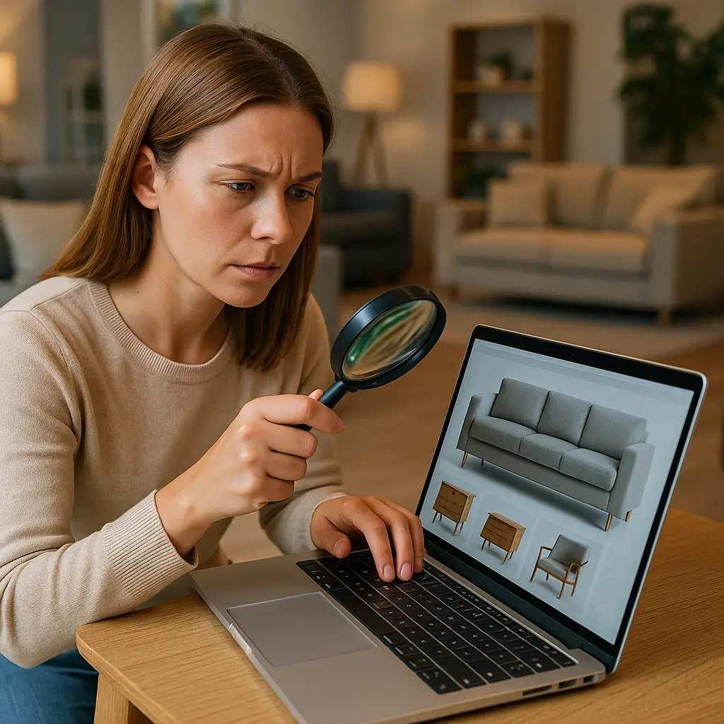 Mulher analisando móveis em um laptop com uma lupa, indicando busca detalhada por loja de móveis confiável.