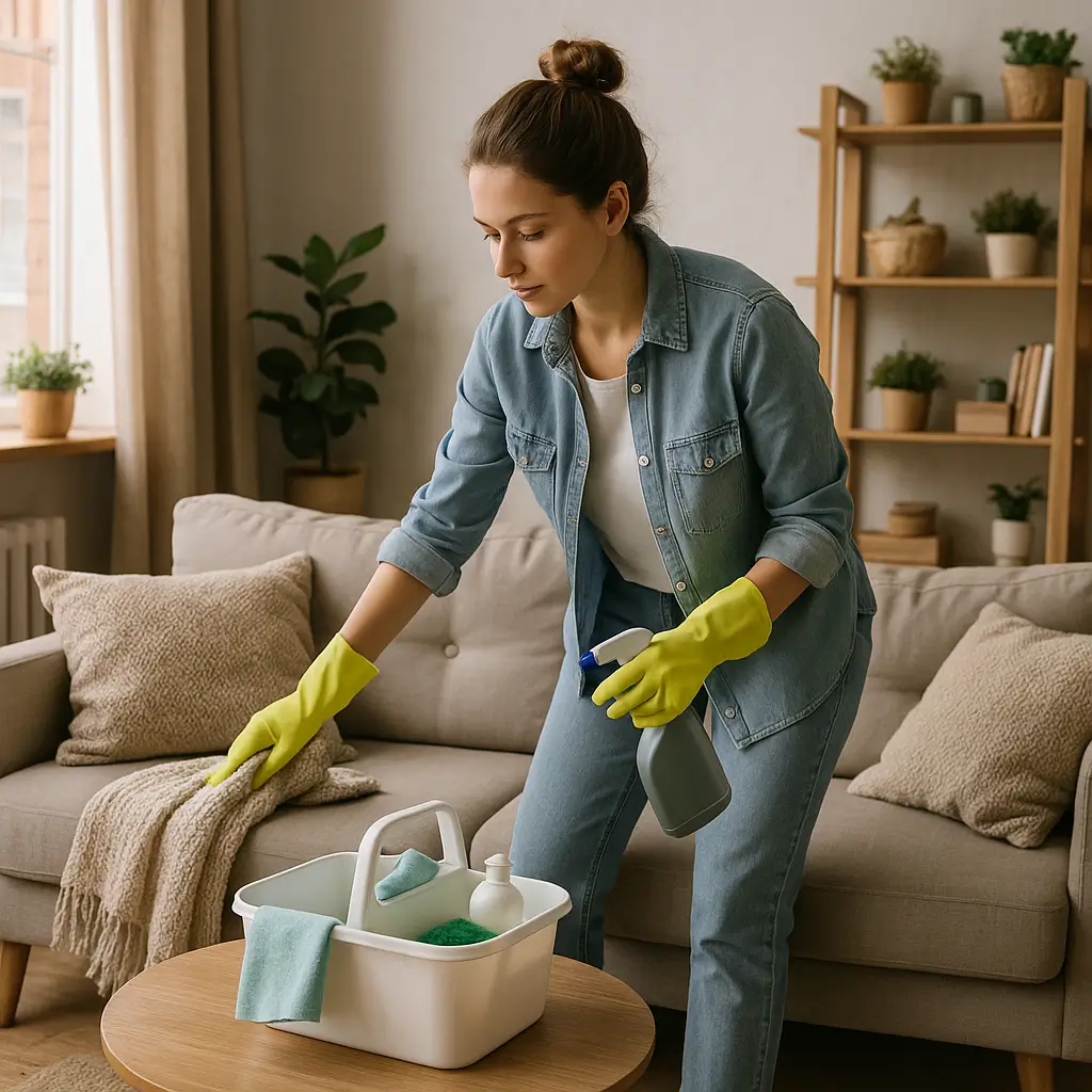 Mulher arrumando casa pequena gastando pouco, usando luvas amarelas e produtos de limpeza, sala organizada com plantas e almofadas.