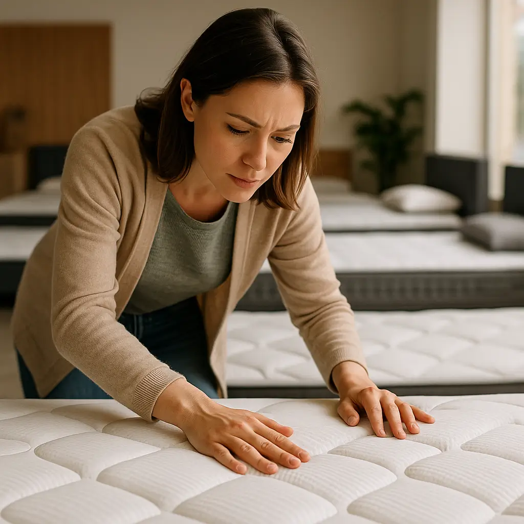 Mulher avaliando a qualidade do colchão em uma loja para entender como saber se o colchão é bom.
