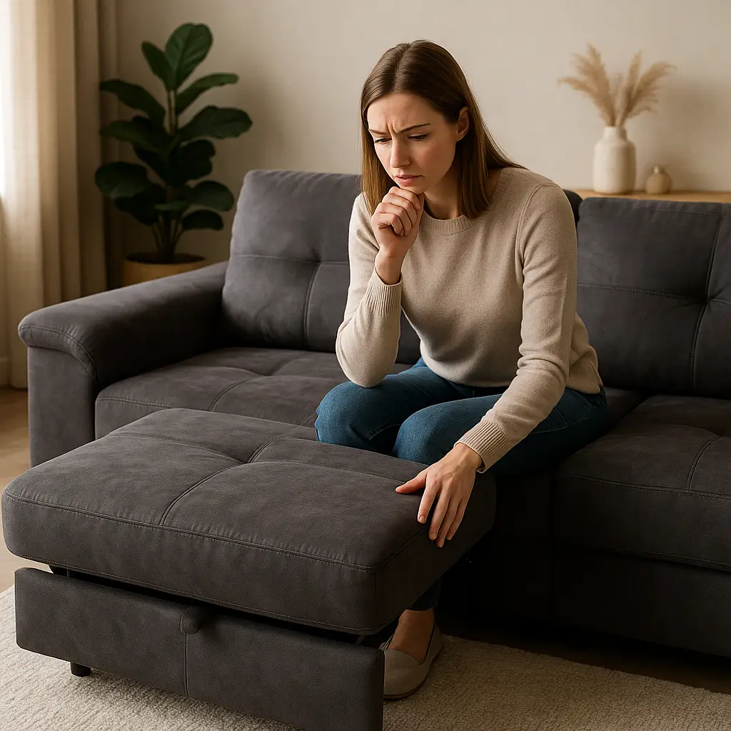 Mulher avaliando um sofá retrátil, ponderando se é bom.