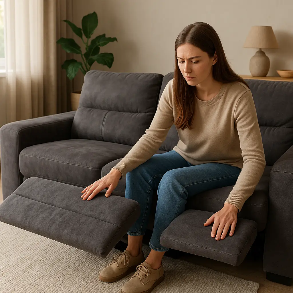 Mulher ajustando o apoio retrátil de um sofá cinza em uma sala aconchegante, mostrando que um sofá retrátil é bom para conforto.