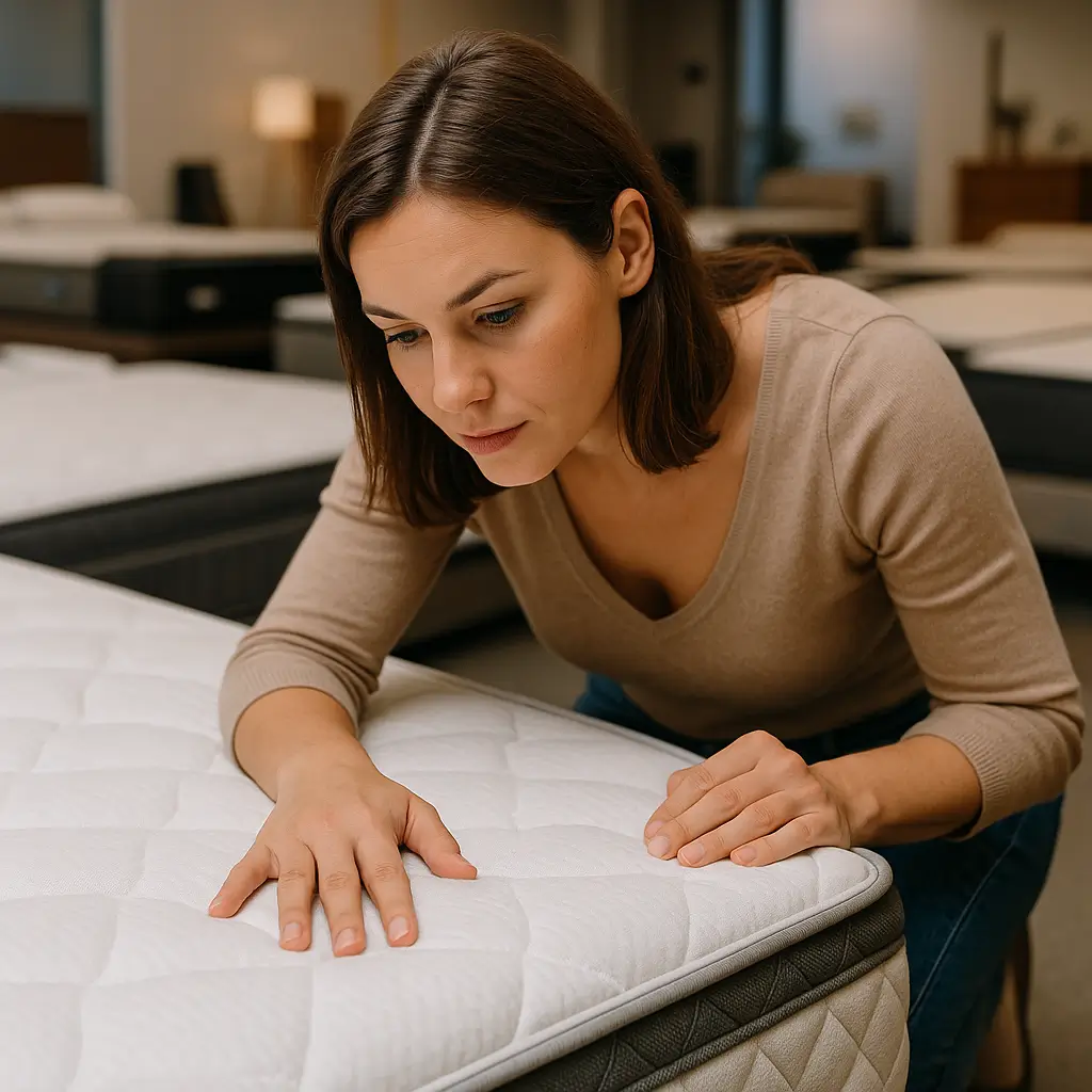 Mulher inspecionando a qualidade de um colchão em loja, exemplo de como saber se o colchão é bom.