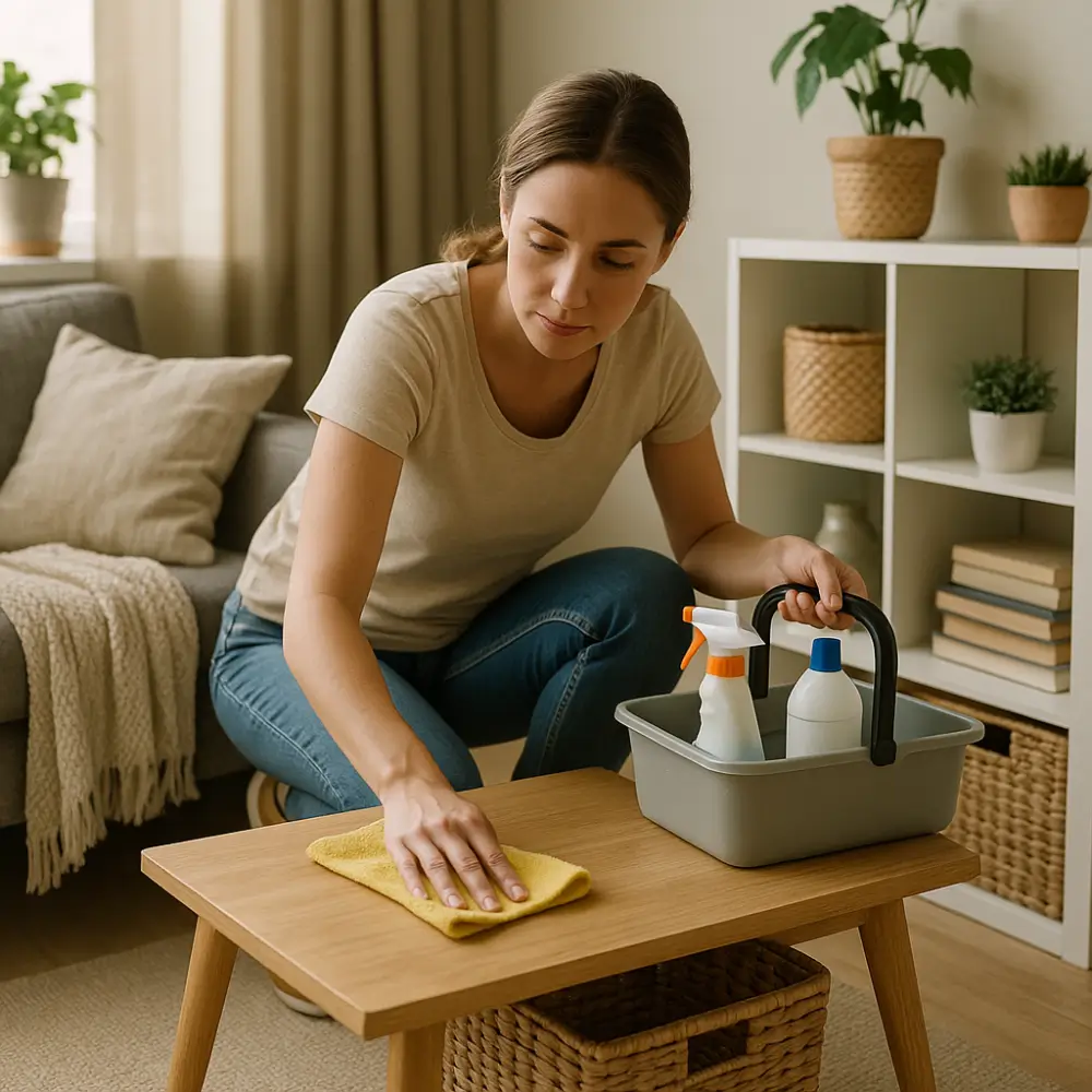 Mulher limpando mesa de centro com pano e produtos de limpeza, arrumar casa pequena gastando pouco.