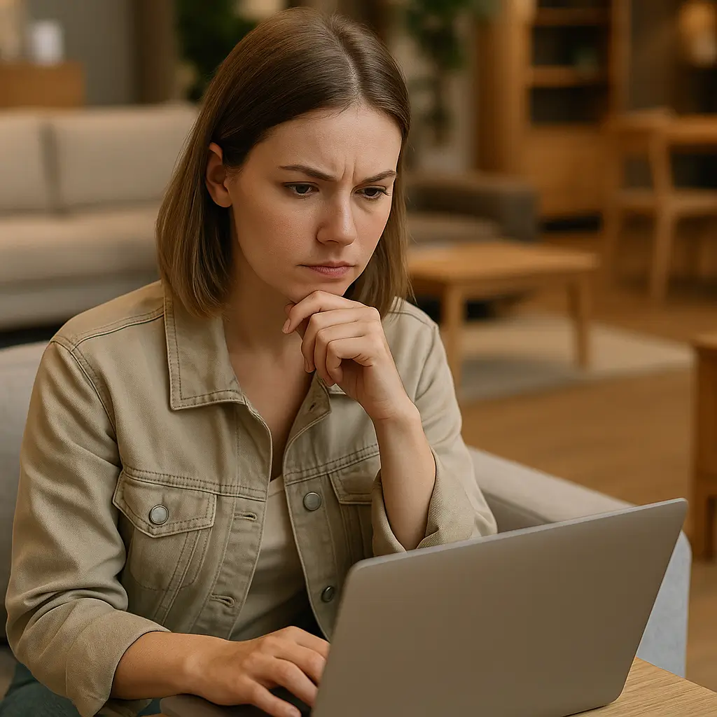 Mulher olhando para um laptop em uma sala de estar moderna, representando pesquisa em busca de uma loja de móveis confiável.