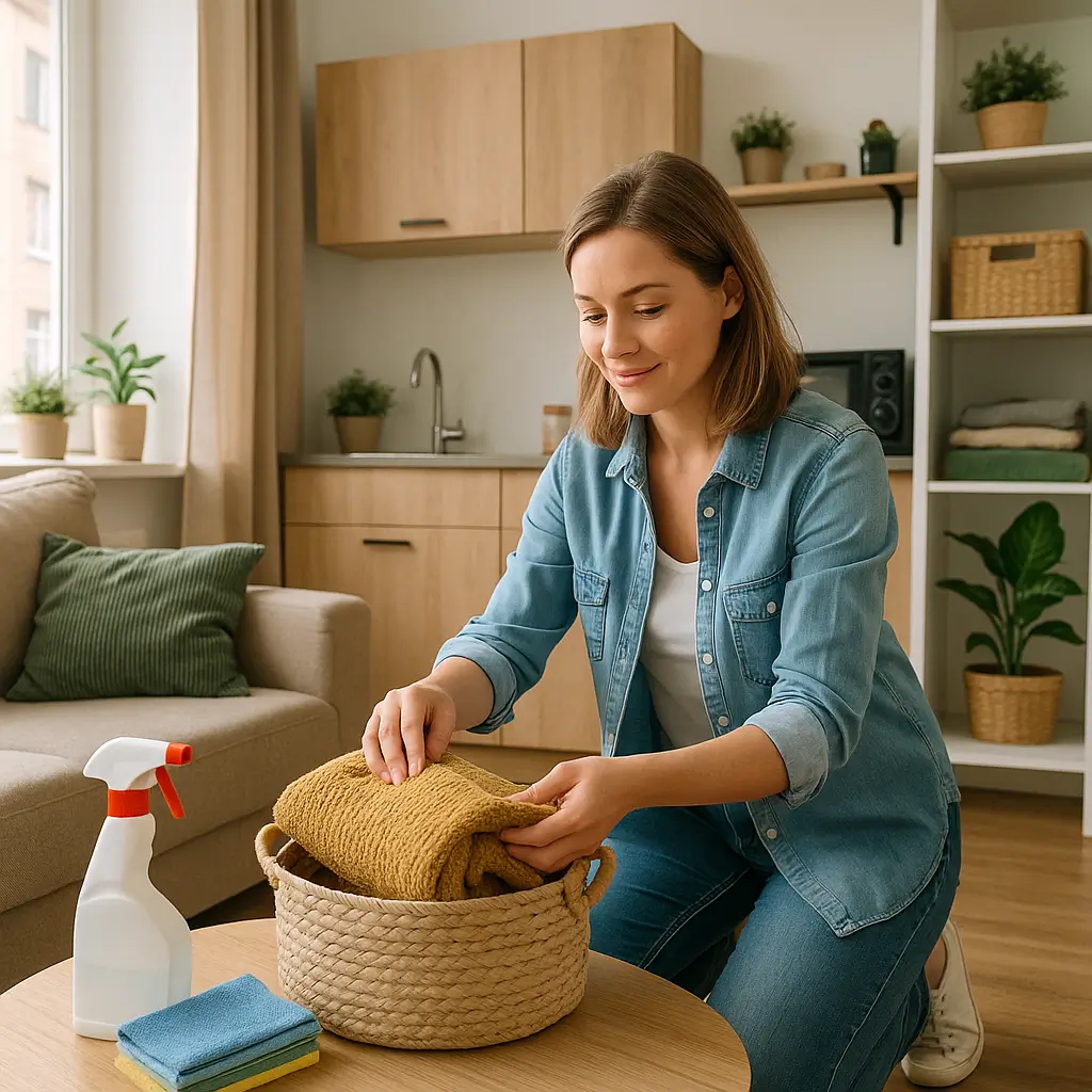 Mulher organizando itens em um cesto, arrumar casa pequena gastando pouco.