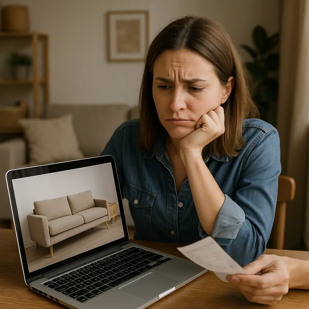 Mulher preocupada olhando para laptop com imagem de sofá e segurando recibo, representando erros na hora de comprar móveis pela internet.