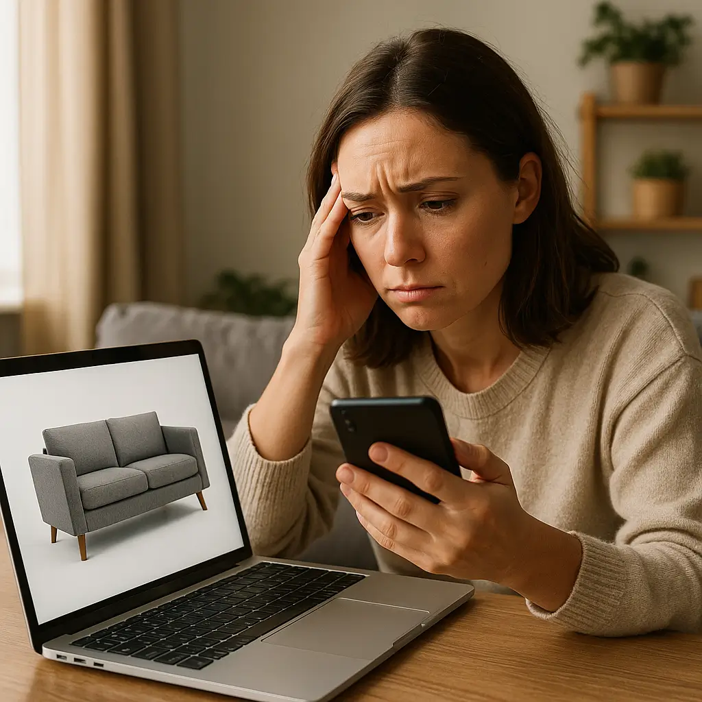 Mulher preocupada olhando para celular e laptop com imagem de sofá, ilustrando erros na hora de comprar móveis pela internet.