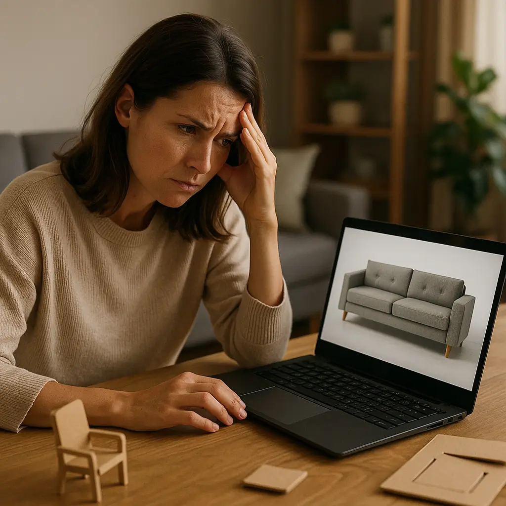 Mulher preocupada olhando para um laptop com imagem de sofá, simbolizando erros na hora de comprar móveis pela internet.