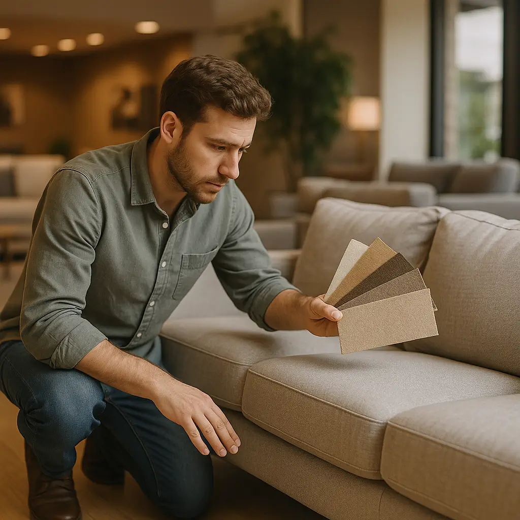 Homem olhando amostras de tecido ao escolher comprar sofá barato numa loja de móveis.