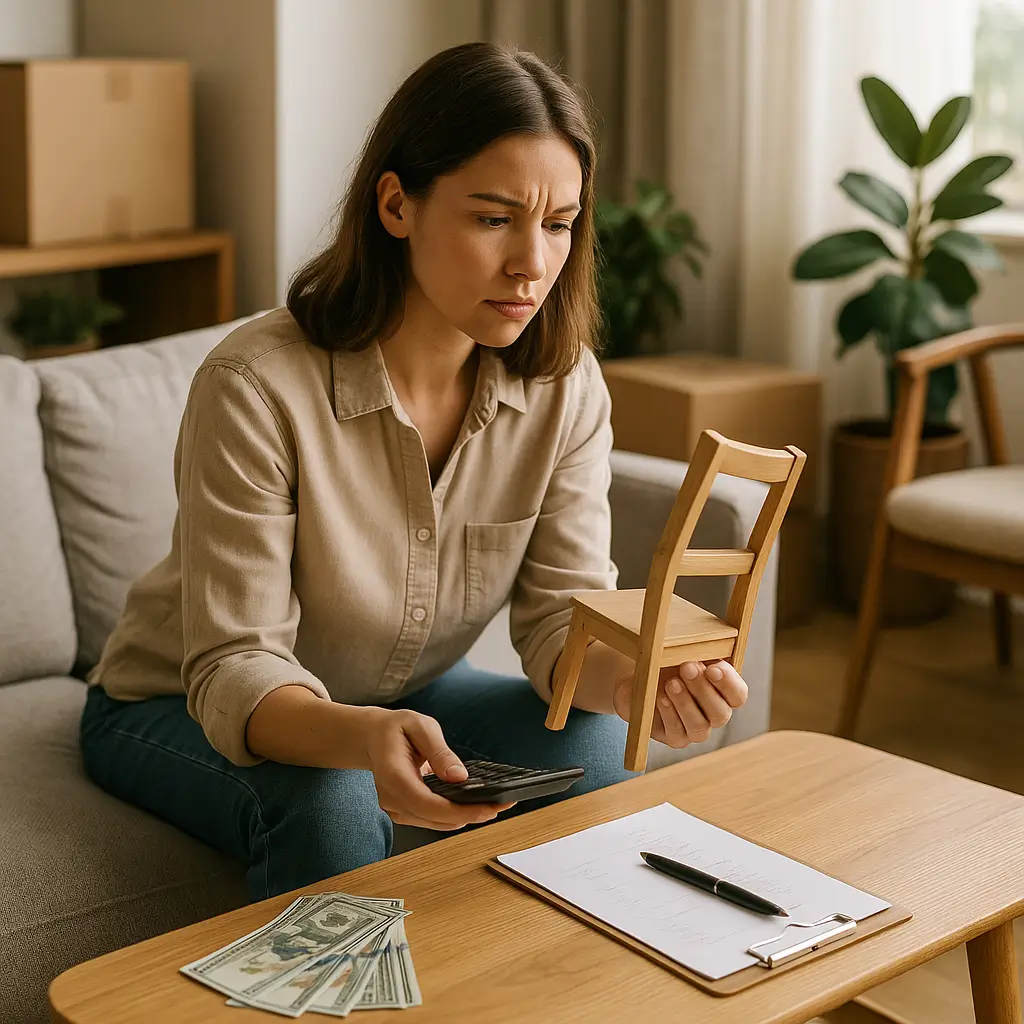 Mulher segurando uma miniatura de cadeira com uma calculadora, dinheiro e bloco de anotações na mesa, simbolizando planejamento de móveis para casa alugada.