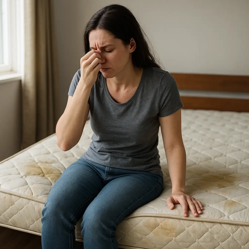 Mulher sentada em colchão vencido, visivelmente desgastado e manchado, com expressão de desconforto.
