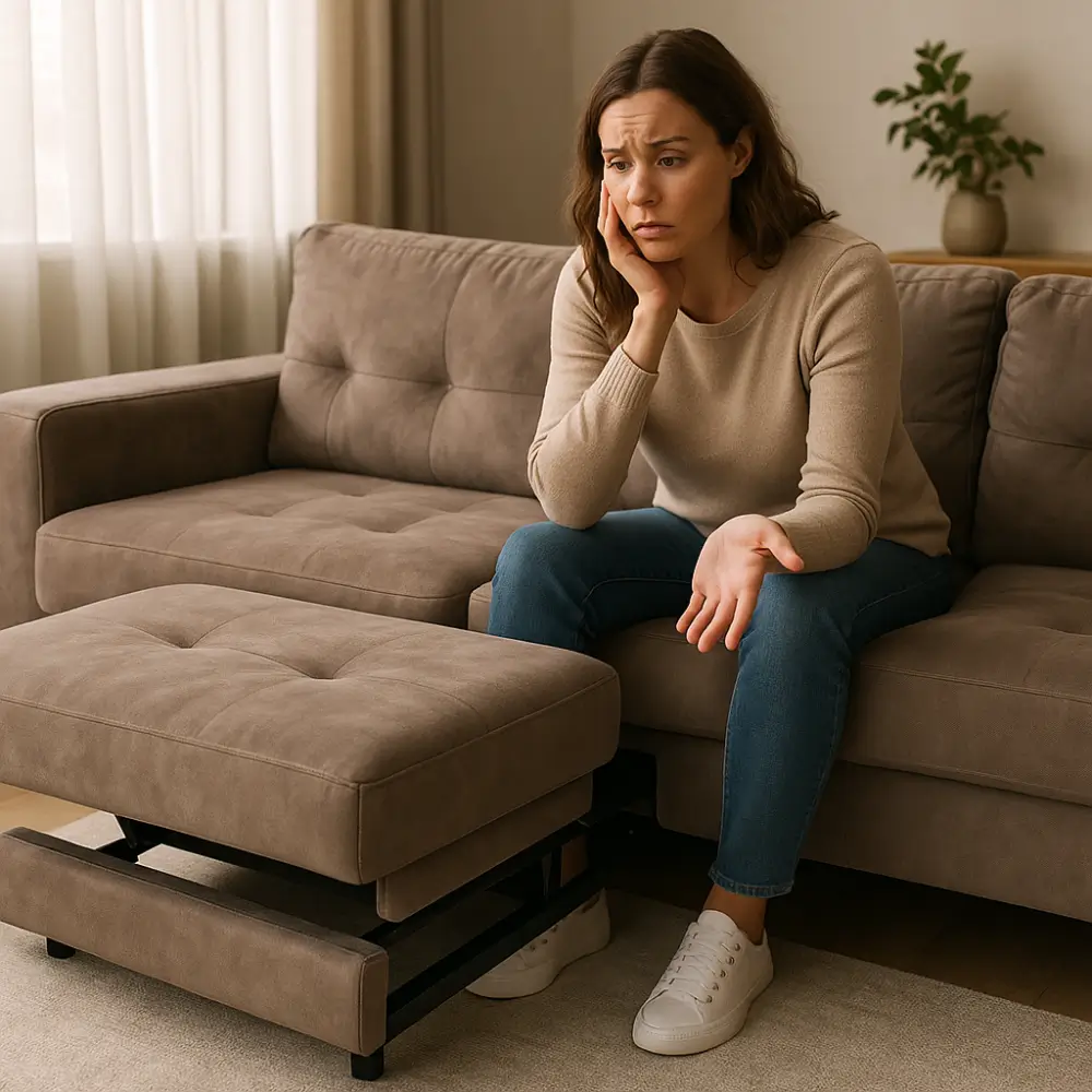 Mulher sentada em um sofá marrom com chaise retrátil estendida, refletindo sobre algo; sofá retrátil é bom para conforto e relaxamento.