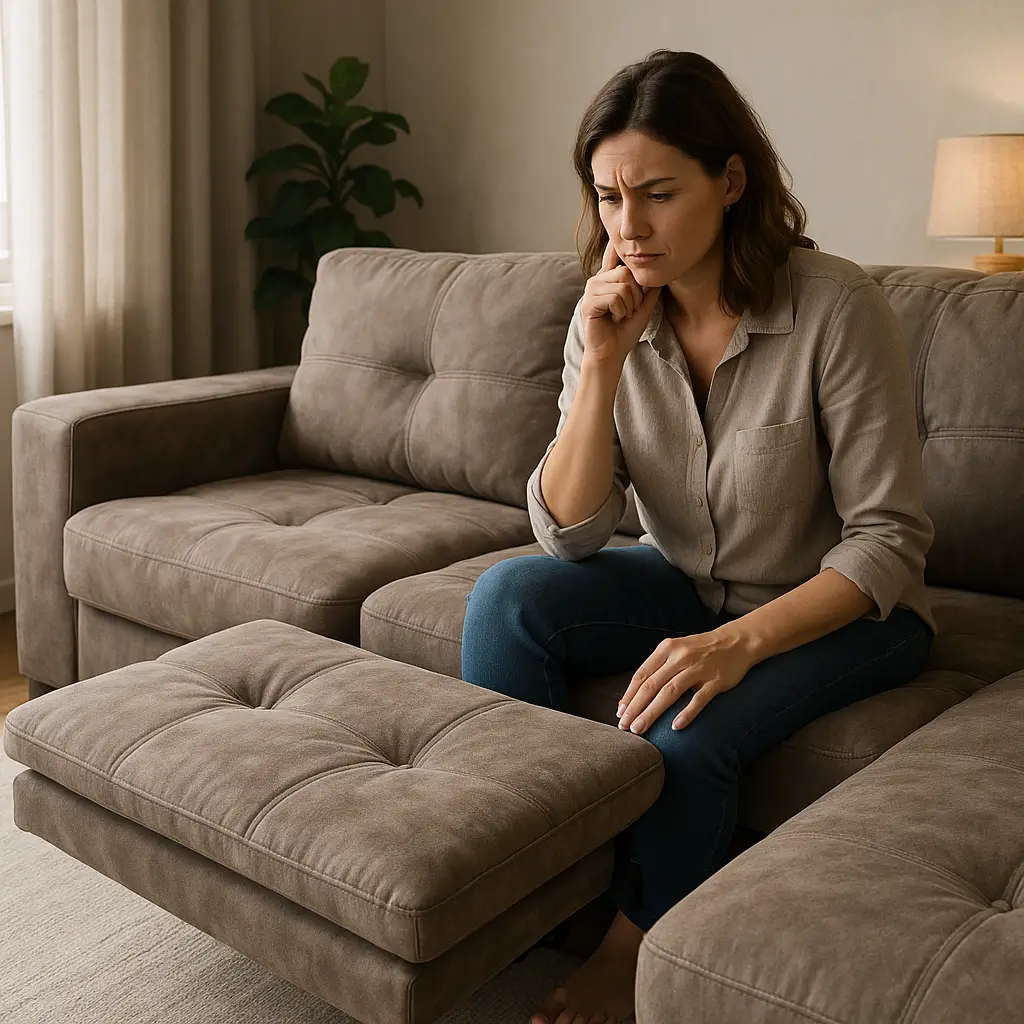 Mulher sentada em um sofá retrátil, expressão pensativa, com iluminação suave e planta ao fundo.