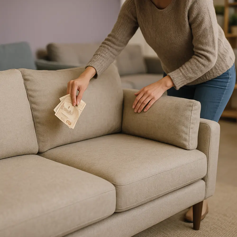 Pessoa colocando dinheiro em um sofá bege, busca por comprar sofá barato.