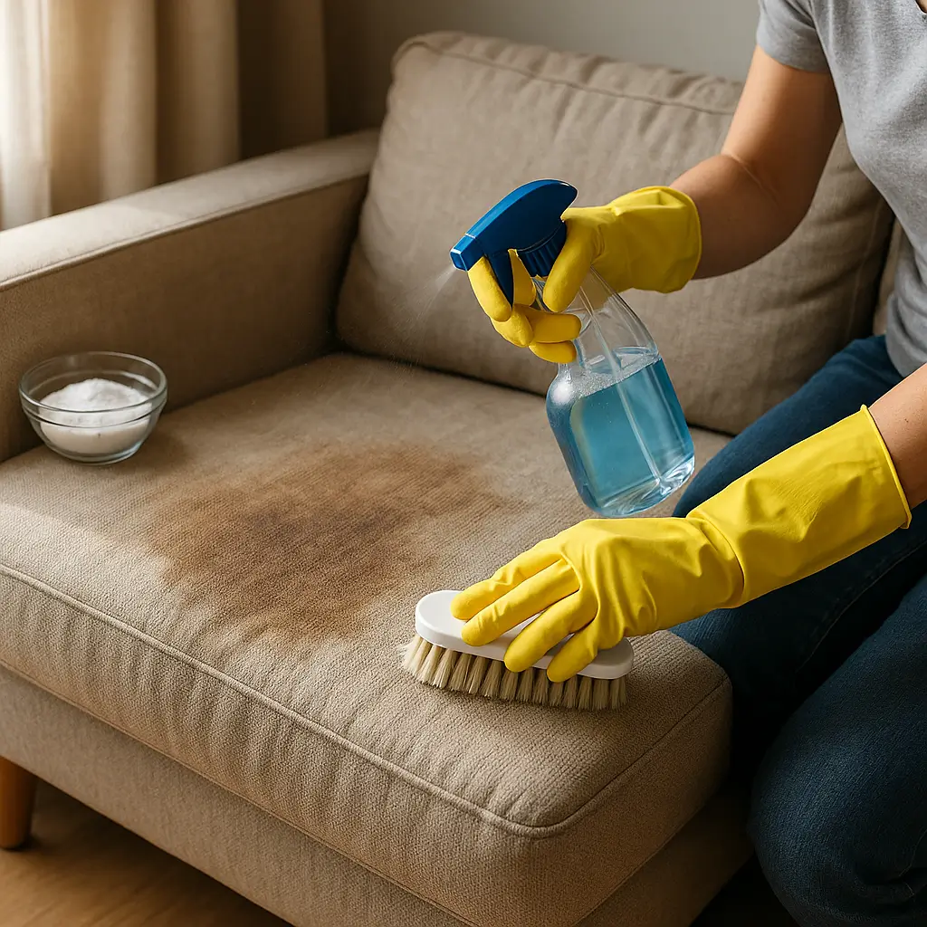 Pessoa usando luvas amarelas, spray de limpeza e escova em sofá encardido, como limpar sofá encardido em casa.