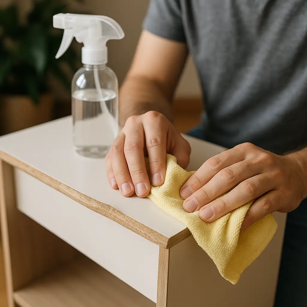 Pessoa limpando móveis de MDF inchado com pano amarelo e spray.