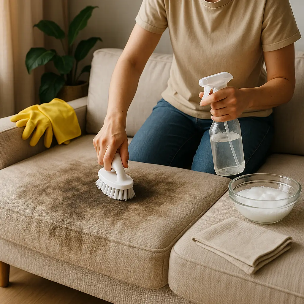 Pessoa limpando sofá encardido em casa com escova, spray e bacia de solução de limpeza.
