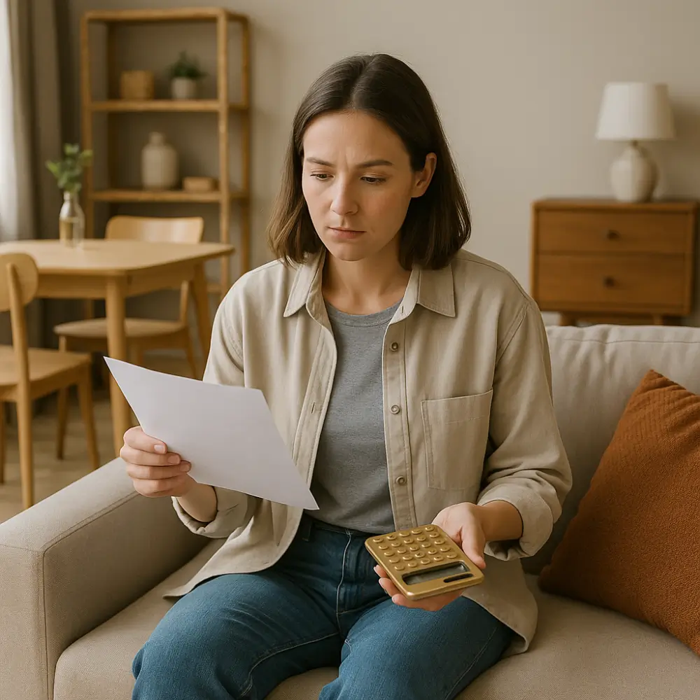 Pessoa sentada no sofá, segurando papel e calculadora, rodeada por móveis para casa alugada, incluindo mesa, cadeira e prateleira.