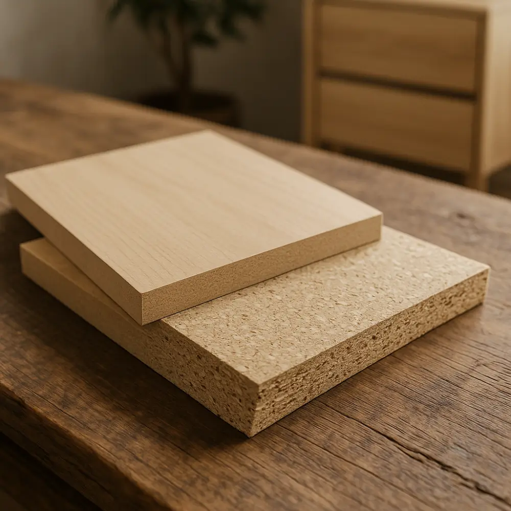 Placas de MDF (superior) e MDP (inferior) em uma mesa de madeira destacando a diferença MDF e MDP.