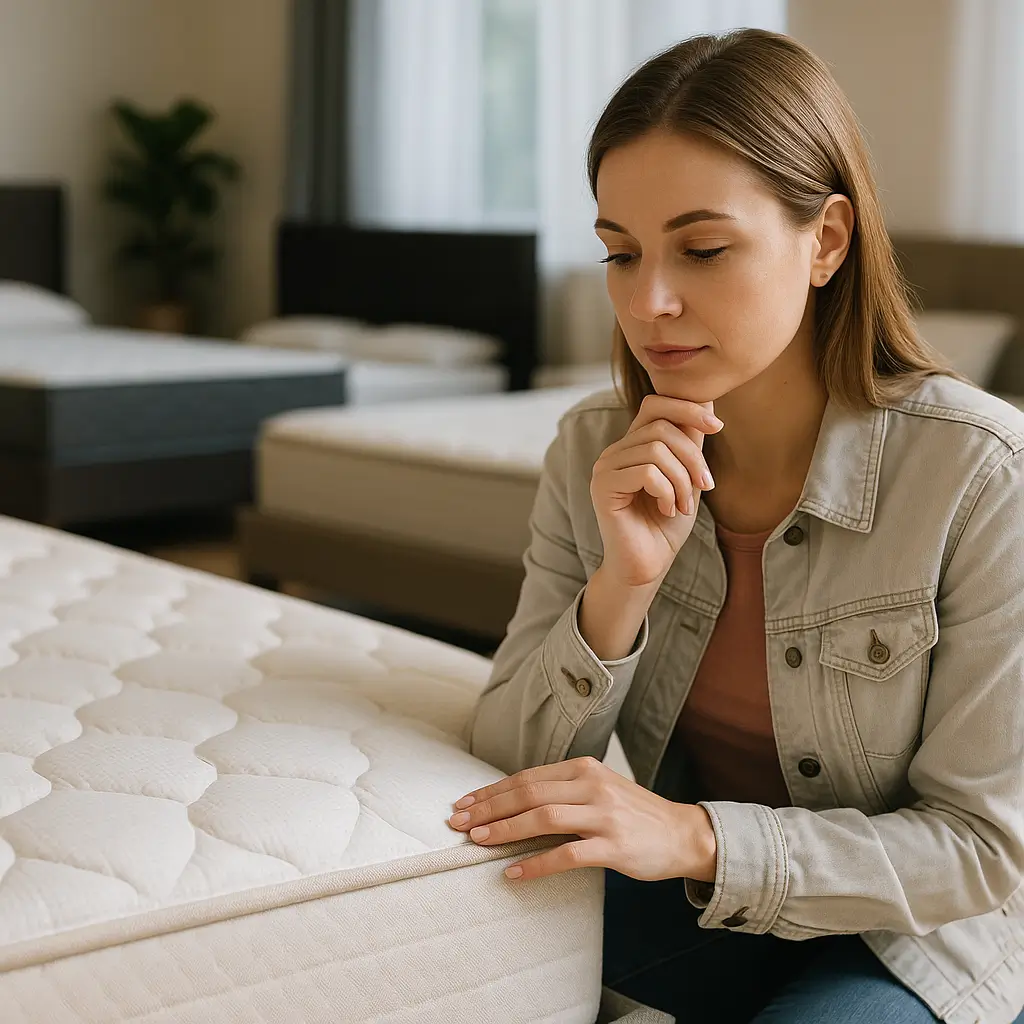 Mulher avaliando colchão em loja, exemplificando a busca pela melhor base box barata.