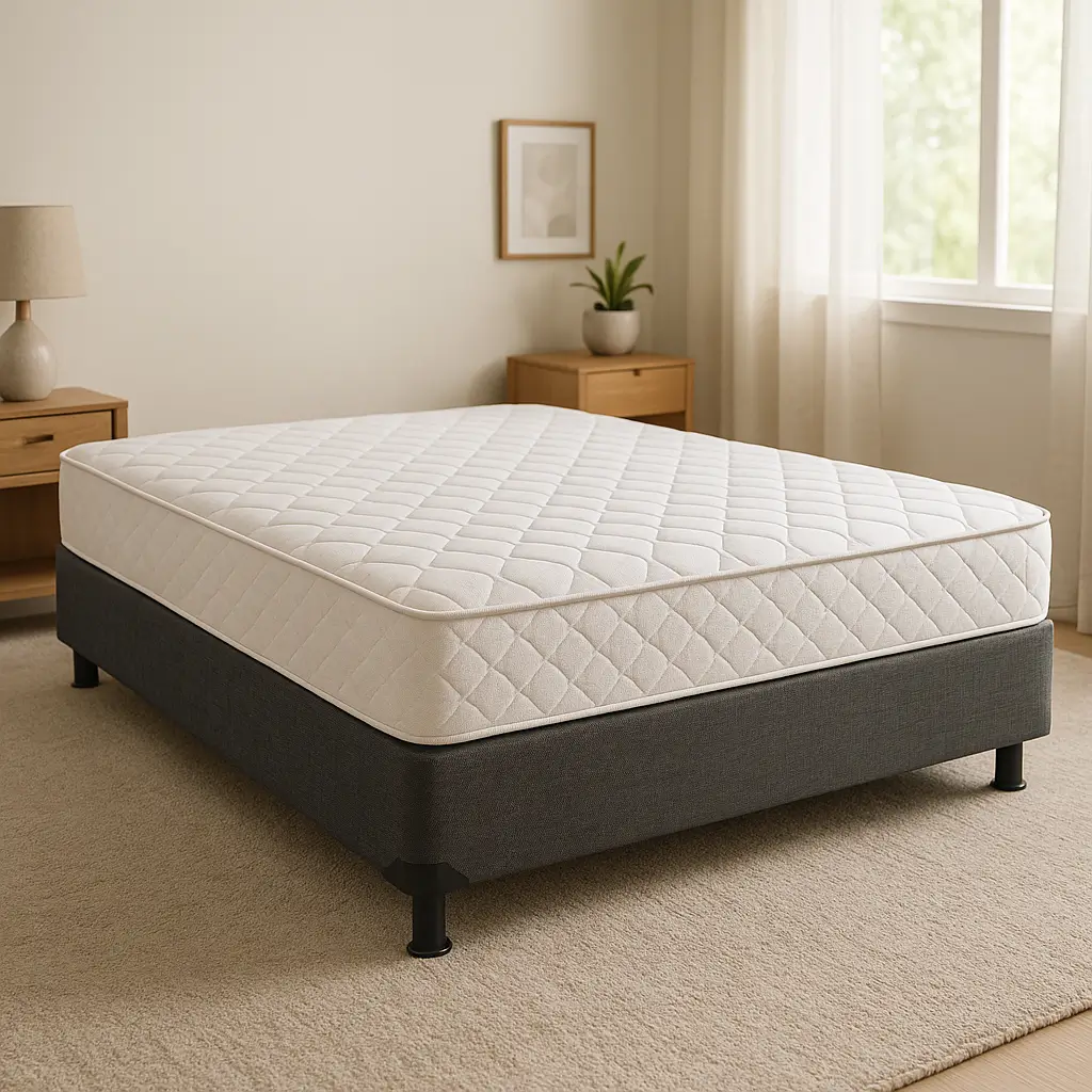 Quarto moderno com cama de casal em base box marrom, considerada a melhor base box barata.