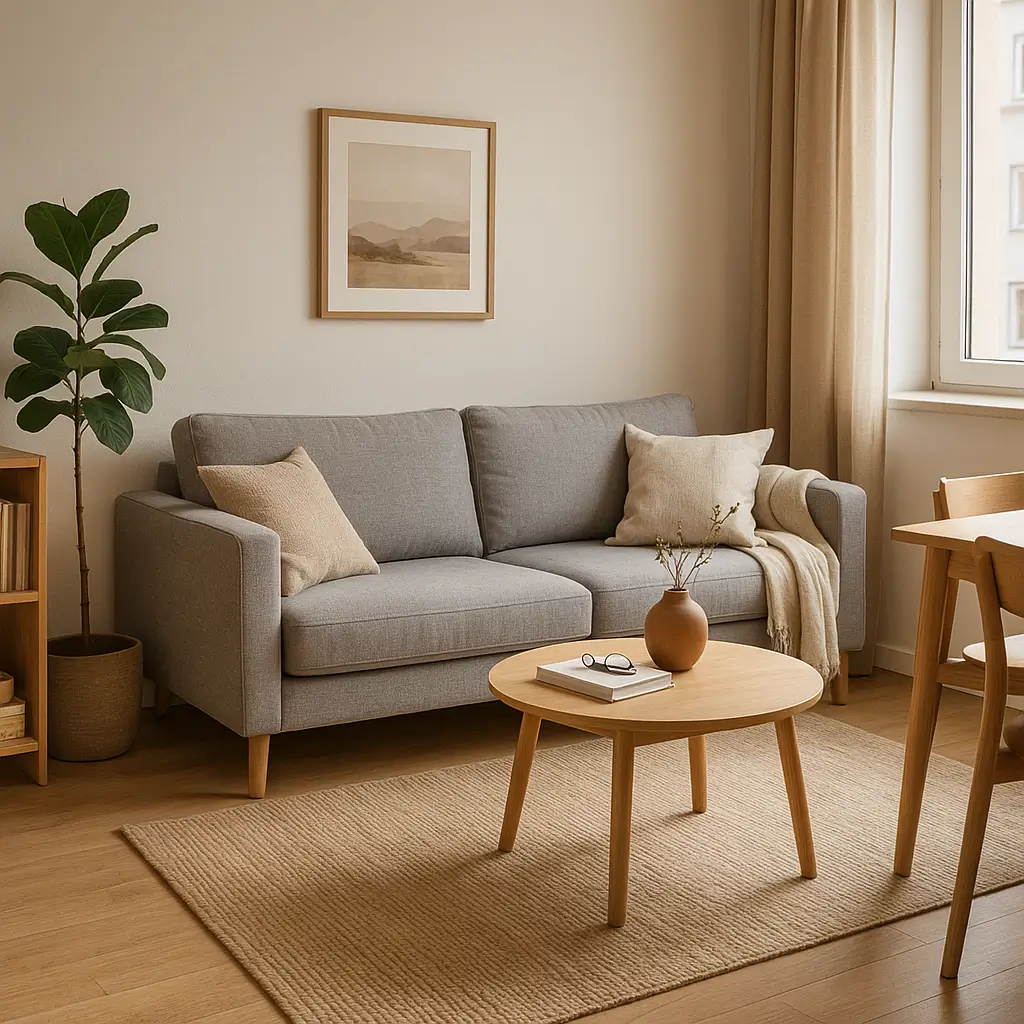 Sala de estar com sofá cinza, mesa de centro de madeira, quadro na parede e planta decorativa, ideal como móveis para primeiro apartamento.