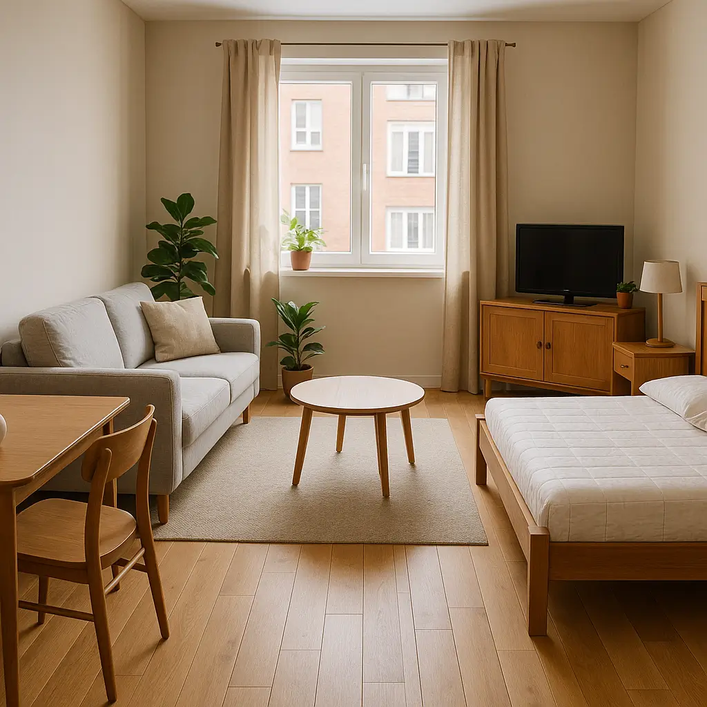 Sala integrada com cama, sofá cinza, mesa de madeira, plantas e móveis para primeiro apartamento.
