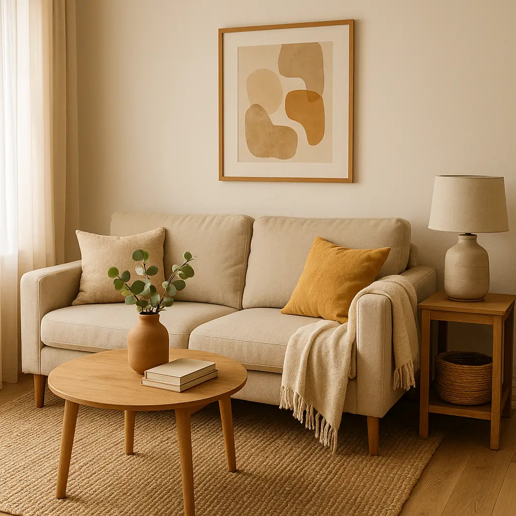 Sala de estar decorada de forma econômica com sofá bege, mesa de centro de madeira, almofada amarela, moldura abstrata e abajur neutro, ideal para montar sala de estar gastando pouco.