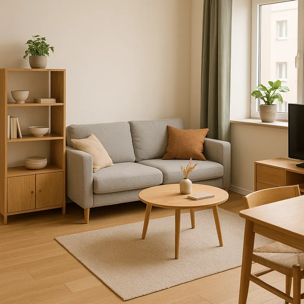 Sala minimalista com móveis para primeiro apartamento, incluindo sofá cinza, mesa de centro de madeira, estante com decoração simples e plantas.