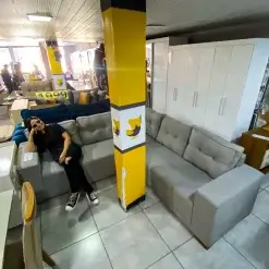 Sofa De Canto Bonfim 7 Lugares 236cm X 236cm Tecido Linho Lufer Foto Real