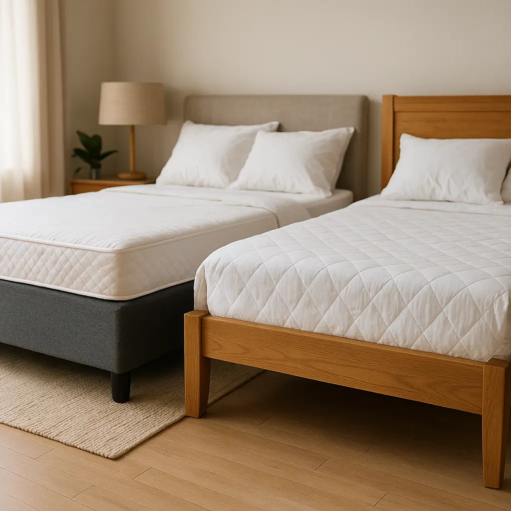 Diferença entre cama box e cama tradicional; a cama box tem base estofada sem cabeceira fixa, enquanto a tradicional tem estrutura de madeira completa.