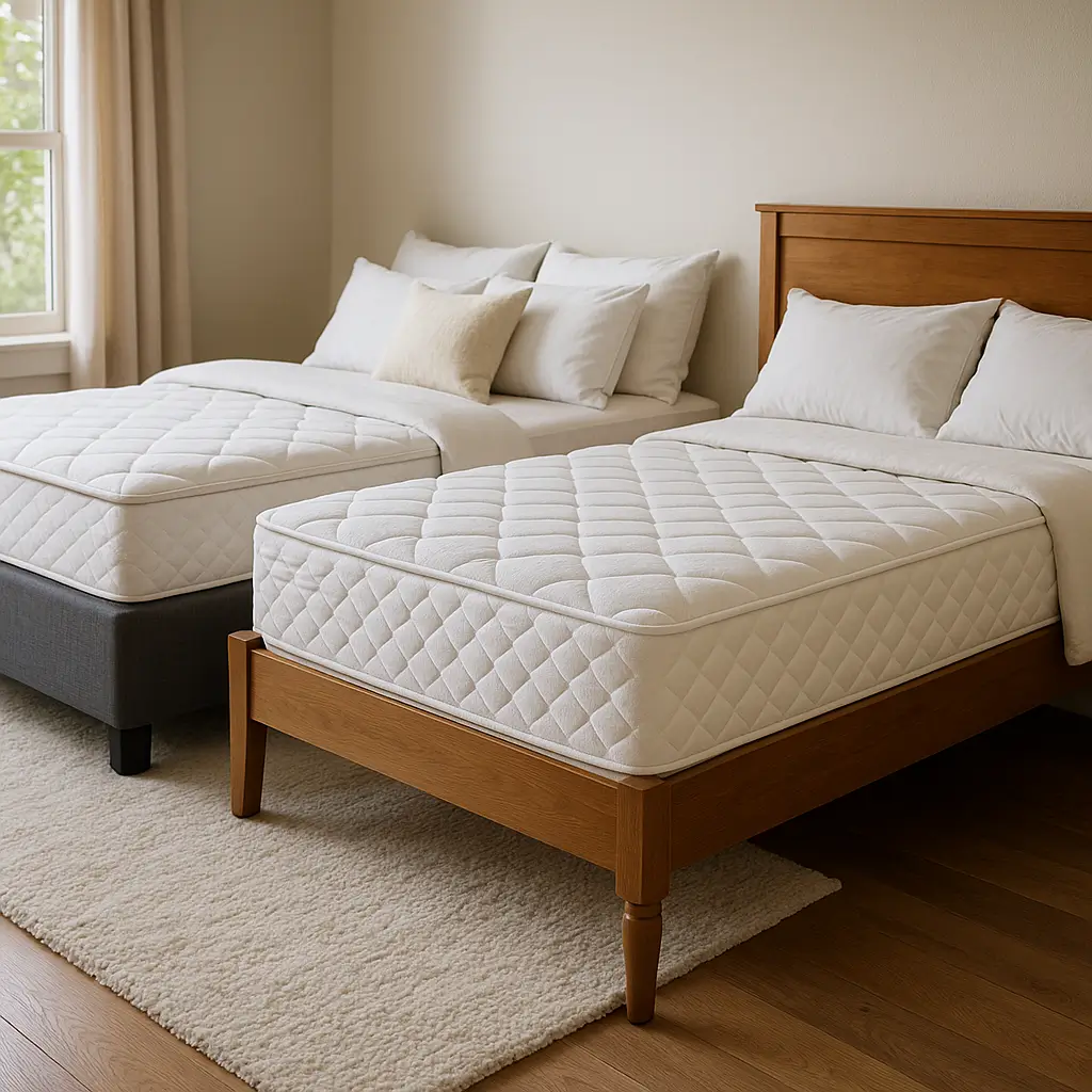 Cama box com estrutura discreta ao lado de cama tradicional com cabeceira de madeira destacando a diferença entre cama box e cama tradicional.