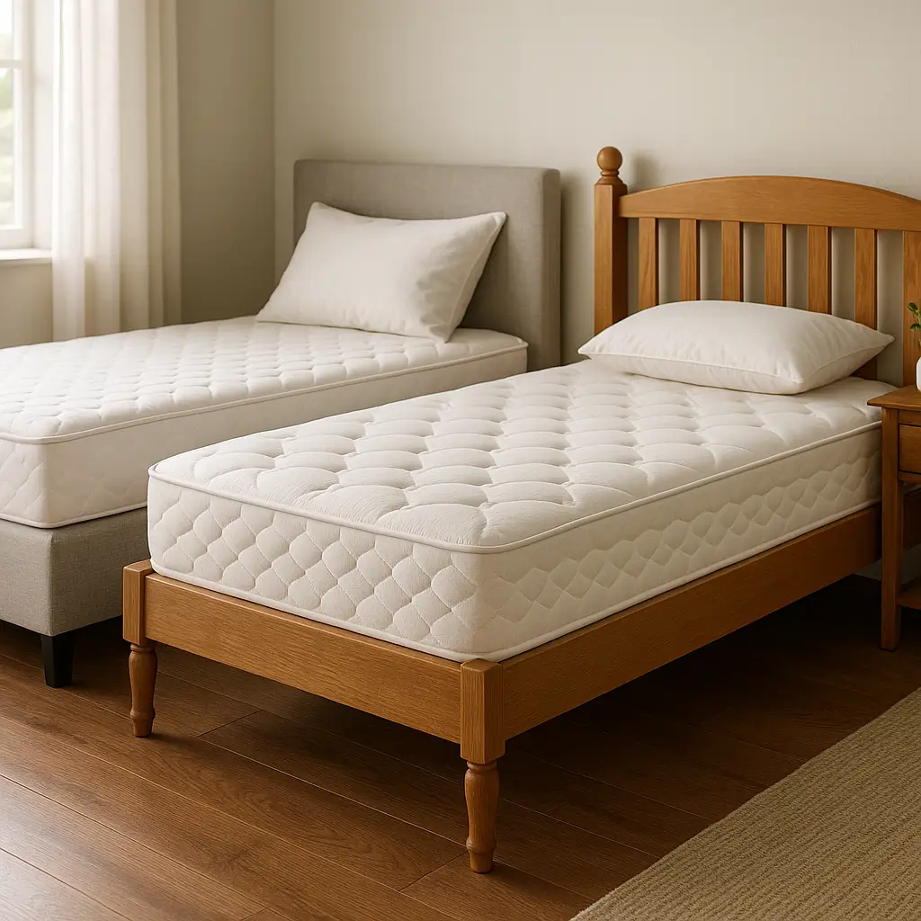 Cama box com estrutura estofada ao lado de cama tradicional com cabeceira e pés de madeira, mostrando a diferença entre cama box e cama tradicional.