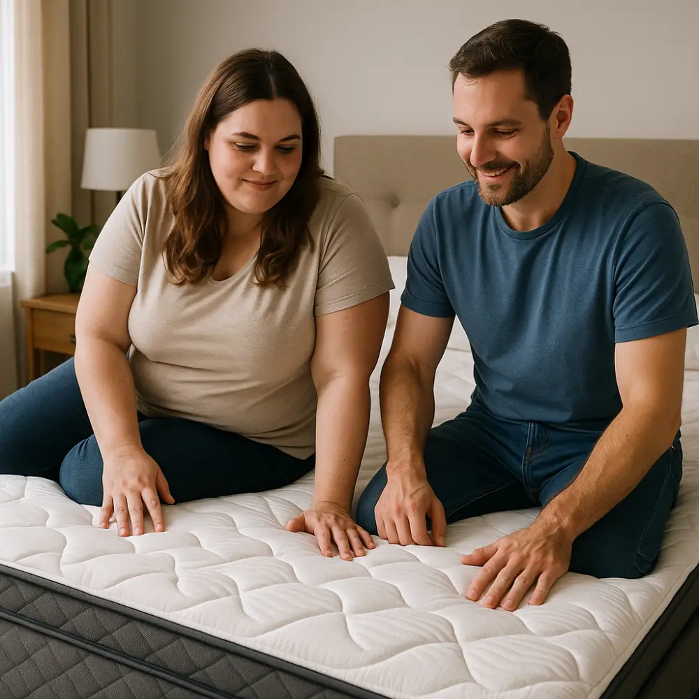 Casal sentado em colchão, analisando sua qualidade como colchão ideal para casal com diferença de peso.