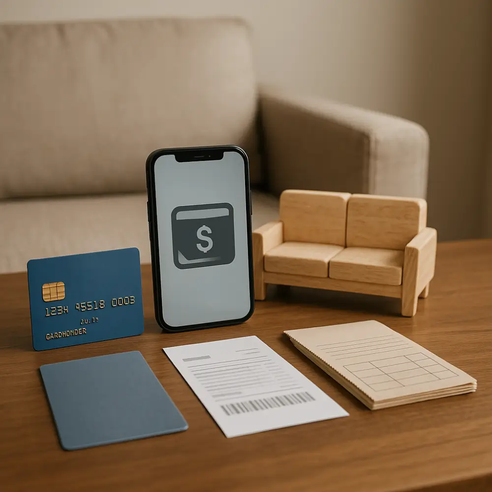 Celular com símbolo de carteira, cartão de crédito, miniatura de sofá e documentos sobre mesa de madeira, representando forma de pagar móveis.