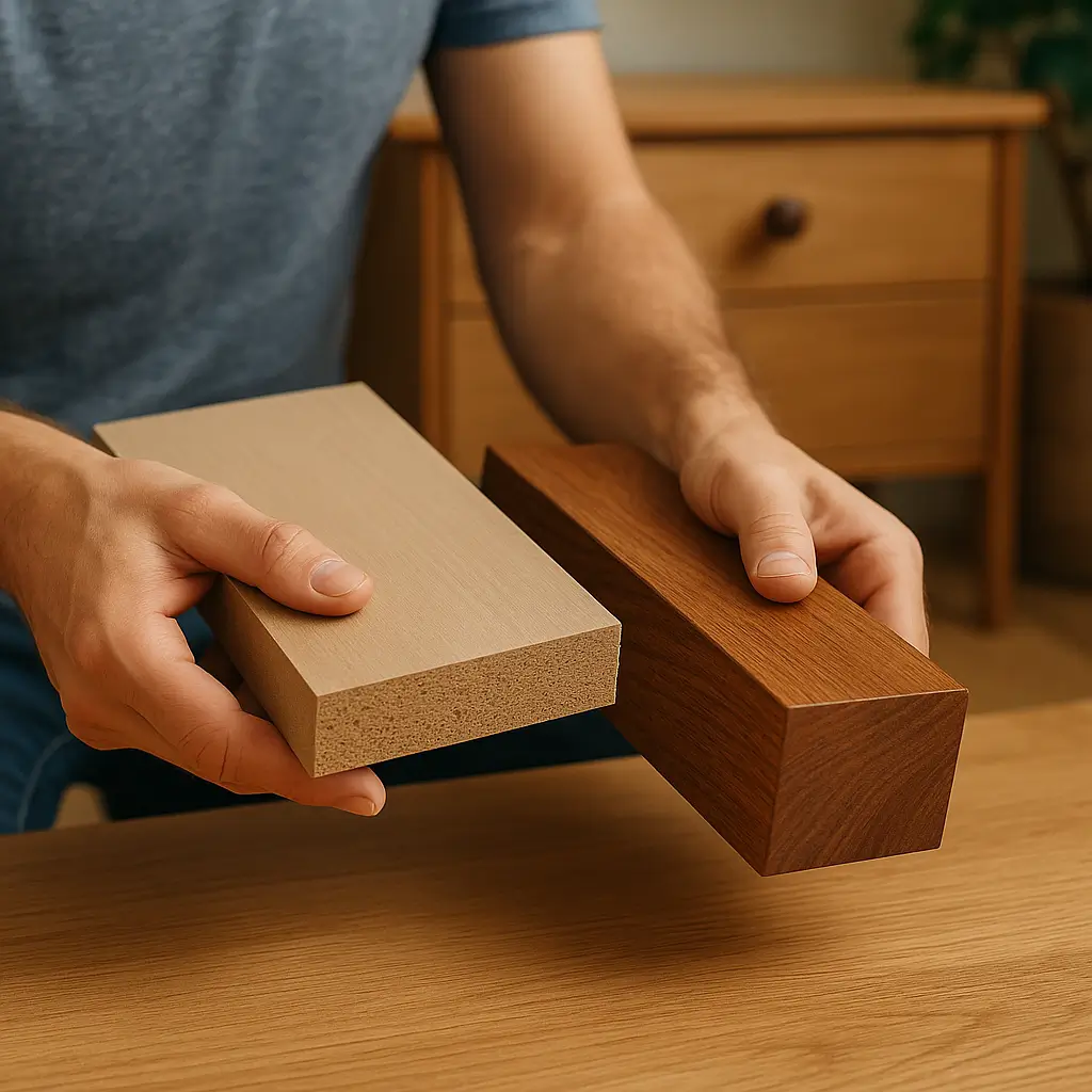 Comparação entre MDF e madeira maciça em mãos, mostrando a diferença entre MDF e madeira maciça na textura e acabamento.
