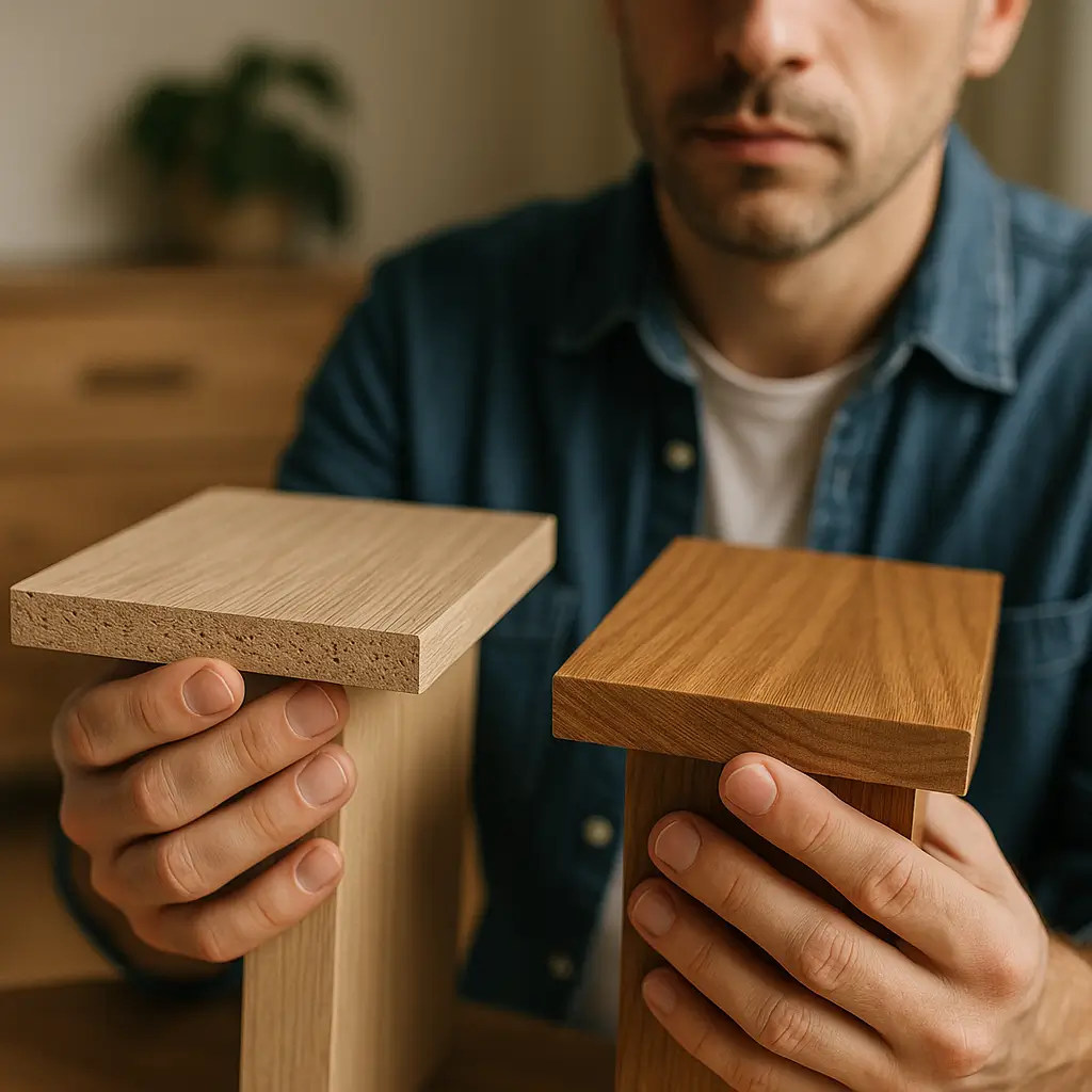 Homem segurando duas pranchas, uma de MDF e outra de madeira maciça, ilustrando a diferença entre MDF e madeira maciça.