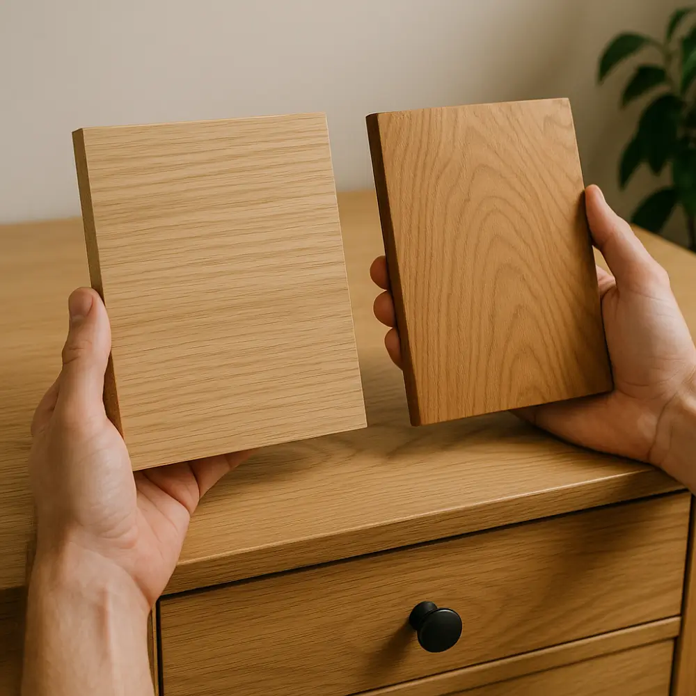 Comparação entre duas pranchas em mãos destacando a diferença entre MDF e madeira maciça.