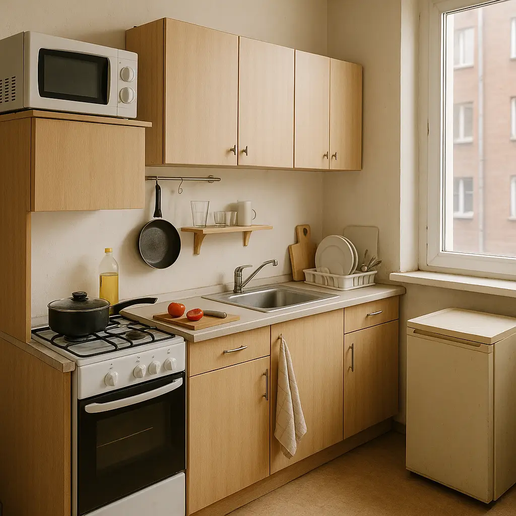 Cozinha simples com armários de madeira clara, fogão, pia, micro-ondas e utensílios básicos, ideal para dicas sobre como montar uma cozinha barata do zero.
